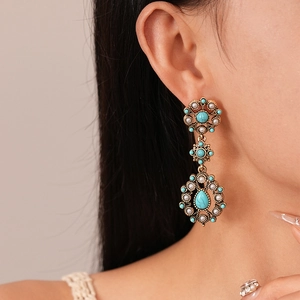 Vintage boho drop earrings with faux turquoise and pearls on gold-tone metal base