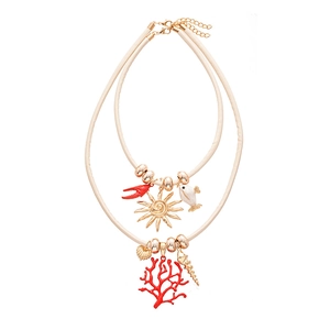 Beachy multi-layer necklace with coral fish pendants and sun charms on white cord