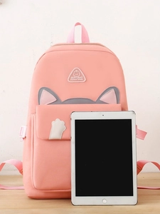 Pink cat-eared large capacity backpack four-piece set with tablet size comparison
