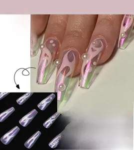 Detail of long coffin press-on nails with pink flame pattern and white pearls finish