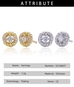Detailed attribute chart for S925 sterling silver twist earrings with CZ micro-inlay