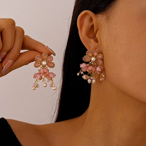 Pink Flower Tassel Dangle Earrings With Glass Freshwater Pearl And Silver Earring Post For Women Sweet Fairy Style