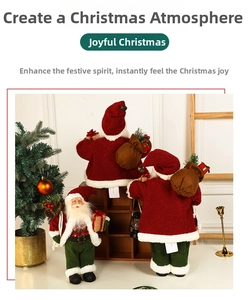 Detail view of plush Santa Claus figurines with gift bags for Christmas home decoration