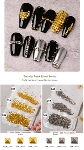 Macro detail of 3D metal punk nail studs in gold and silver, assorted 1.2-2.0mm sizes