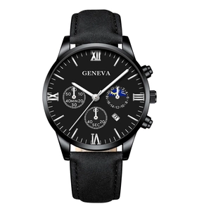 Detail of all-black Geneva men's watch featuring roman numerals and leather strap