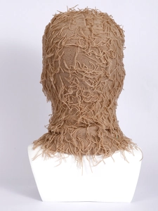 Detail of the fuzzy khaki knit texture and warm material of this balaclava hat