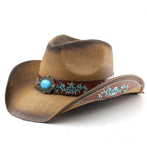 Western Cowboy Hat Vintage Straw Embroidered Wide Brim Sun Protection Ethnic Bohemian Style Outdoor Riding Accessory