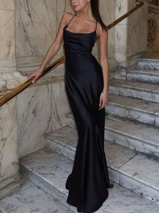 Sexy Satin Maxi Dress Backless Lace Up Spaghetti Strap Cowl Neck Elegant Evening Party Banquet Slim Fit For Women