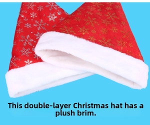 Detail of red Christmas hat with silver snowflakes and white plush faux fur brim texture