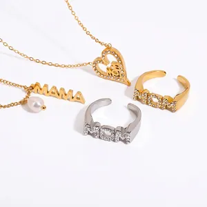 Mother's Day Jewelry Necklace And Ring Stainless Steel Rhinestone Faux Artificial Pearl MAMA MOM Letter Gift For Women Non-Fading