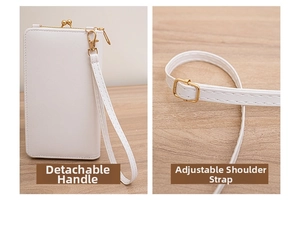 Detail of white PU leather crossbody bag with adjustable strap and vintage kiss-lock closure