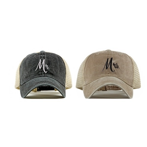 Matching Mr and Mrs embroidered washed mesh baseball caps for couples in charcoal and khaki