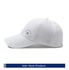 Detail view of white quick-dry baseball cap featuring breathable laser-cut side perforations