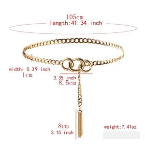 Minimalist gold metal waist chain belt with tassel and triple-ring buckle for dresses