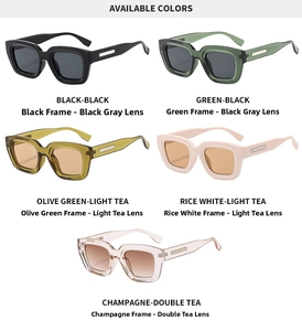 Detailed palette of vintage square sunglasses in green, black, olive, and champagne hues