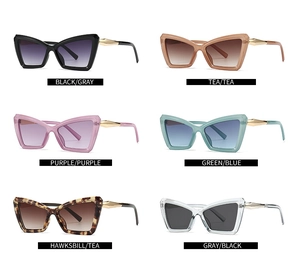 Detailed catalog of cat eye sunglasses showing six color variants with metal temples