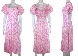 Detailed views of pink floral dress with square neck, puff sleeves and tie-back design