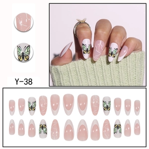 Almond French butterfly press-on nails with pink marble design and cream tips