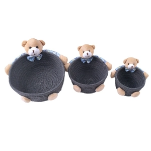 Three-piece set of dark grey woven cotton rope storage baskets with cute plush bears
