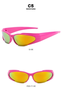 Detail of pink Y2K sunglasses with yellow mirrored lenses from side and front views