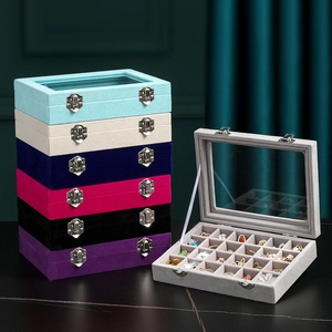 Velvet Jewelry Organizer Box With Transparent Glass Lid Multi Grid Display Case For Earrings Rings And Necklaces
