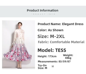Detail showing vintage satin dress with floral print and sizing chart for buyers