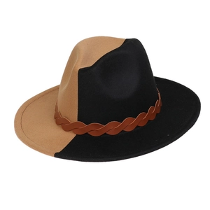 Detail of two-tone wool felt fedora with a brown braided leather band decoration