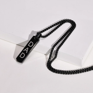 Minimalist black stainless steel vertical bar necklace with DAD engraving for men