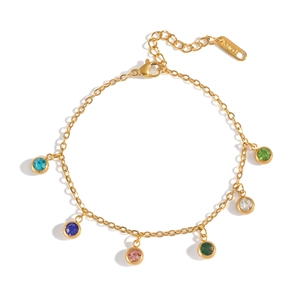 18K gold-plated stainless steel chain bracelet with multi-colored round gemstone charms