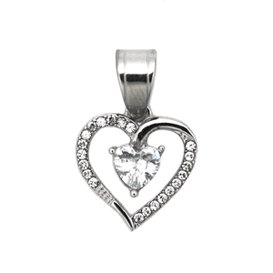 Polished heart pendant with sparkling cubic zirconia inlay on a pure white background