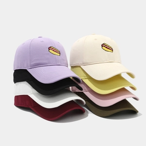Classic cotton baseball caps with hot dog embroidery in various colors stack