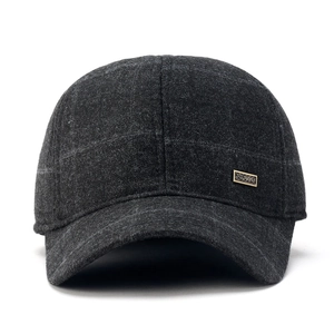 Men's winter baseball cap in dark grey wool blend with ear protection and metal side detail