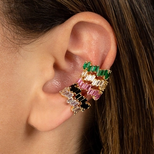 Colorful baguette-cut zircon ear cuff earrings with 18k gold plating worn by a model