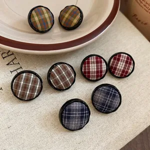 Retro circular plaid button stud earrings set in various vintage fabric patterns
