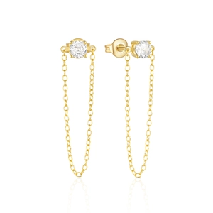 Detail of gold chain earrings featuring clear zircon studs and elegant tassel drop fringes