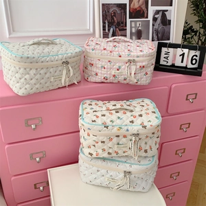 Detailed view of quilted cotton cosmetic bags with floral prints and sturdy top handles