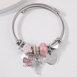 Stainless Steel Alloy Charm Bracelet Adjustable Wire Cable Heart Angel Wing Star Clover Beads Jewelry For Women