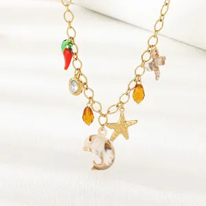 Collier Pendentif Multi Charme En Acier Inoxydable Or Étoile De Mer Dauphin Piment Libelle Pour Femmes Style Vacances