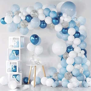 Blue and white balloon arch kit with silver sequins and BABY alphabet transparent boxes