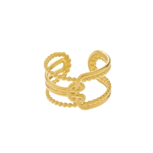 Elegant gold-plated stainless steel hollow twisted ring with beaded edge details