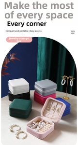 Macro detail of portable jewelry box showing velvet ring slots and necklace hooks