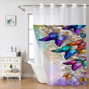 Detail view of the colorful digital butterfly print on a white waffle shower curtain