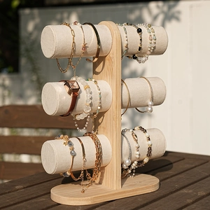 Bamboo Multi Tier Bracelet Display Stand Beige Velvet Jewelry Organizer T-Bar Watch Holder For Countertop Storage