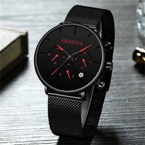 Geneva men's quartz watch with black mesh strap, red hands and date display on wood background