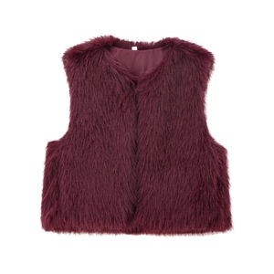 Chic burgundy faux fur vest for women featuring a fluffy texture and stylish V-neck cut