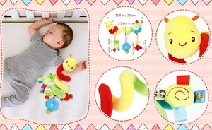Infant plush spiral toy with measurement details and baby using it in crib