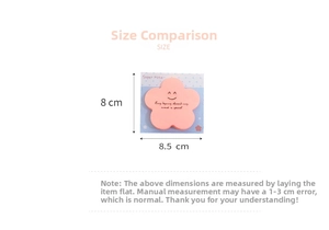 Size comparison chart showing flower-shaped sticky notes measuring 8.5 by 8 cm