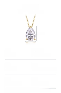 Detailed view of pear-cut moissanite pendant with dimensions 14.1x9.3mm on silver chain