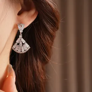 Exquisite fan-shaped zircon drop earrings with silver needle in high-end minimalist style