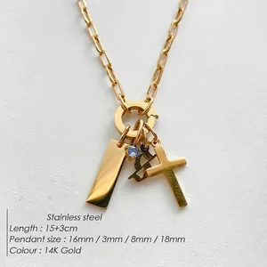 Exquisite 14K gold plated stainless steel necklace with cross and multiple charms pendants